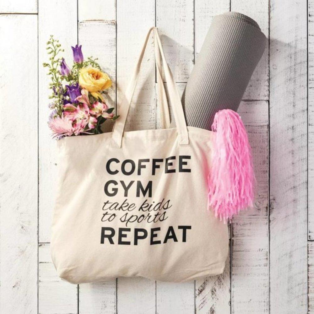 Coffee, Gym, Take Kids to Sports, Repeat‎ Natural Canvas Reusable Tote Bag